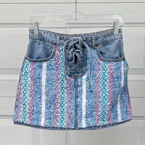 Reworked Lace Up Light Wash Denim Skirt With Baja Stripe Patchwork  - Size Small